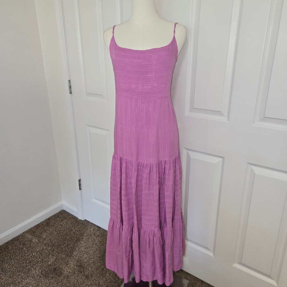 Haute Hippie Style Maxi Dress Womens L Purple Tiered Smocked Tie Back Boho